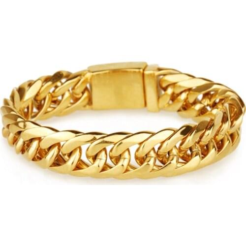 Fashion Gold Tone Stainless Steel Double Curb Cuban Bracelet Chain 2019 Party Gift Men Bracelet Biker Jewelry 16mm 7-11 inch