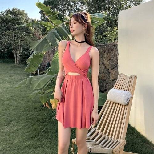 V-neck Push Up Monokini Korea Style One Piece Swimsuit Solid Beach Bathing Suit Women Trikini Swimdress Cut Out Bathers 2021 New