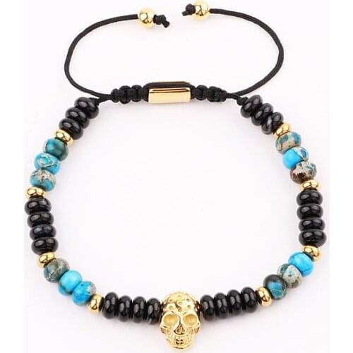 JARAVVI Men Bracelet High Quality Natural Stone Beads Stainless Steel Skull Charm Adjustable Bracelet Men Jewelry Gift