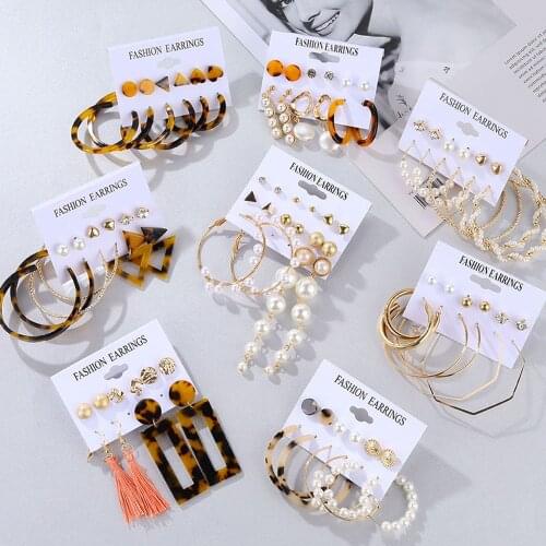 Vintage Acrylic Tassel Dangle Earrings Set 2020 Fashion Pearl Geometric Alloy Tassel Earrings Bohemian Womens Jewelry Gift