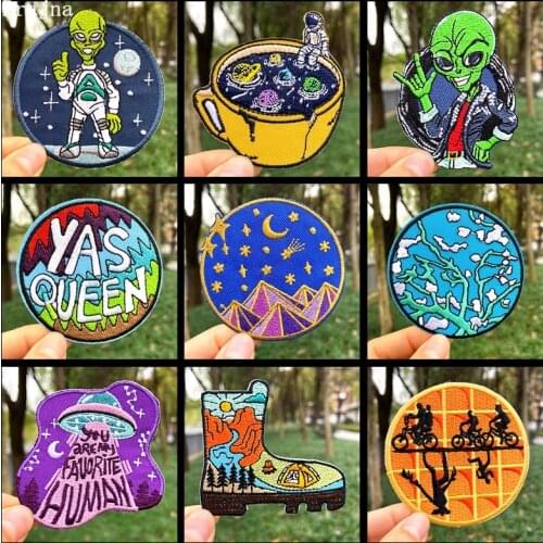 Prajan Space Alien Astronaut Patches Round Outdoor Embroidered Patches For Clothes Iron On Travel Explorer Patches For Jacket