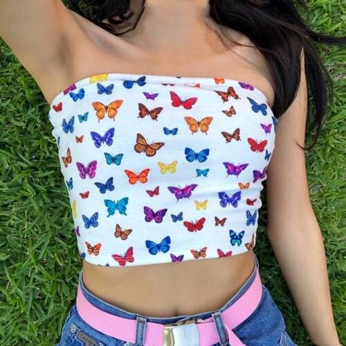 New Women Camisole Sexy Butterfly Printed Ladise Tank Tops Sleeveless Crop Top Summer White Short Bustier Female Camis