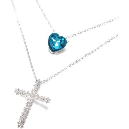 Bohemia Style Multilayer Crystal Heart Necklace White/Blue Zircon Cross Long Chain Necklace for Women Fashion Jewelry Gifts