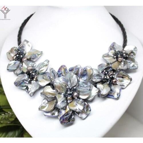 Women Classic Jewelry natural pearl Crystal 5 flower pendant gray black shell mother of pearl necklace black leather 18"