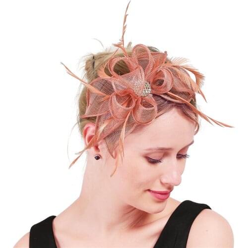 Peach Sinamay Hats Wedding Fascinator With Clips Women Fancy Feather Decor On Hair Clips Charming Headdress Millinery Hat XMF318