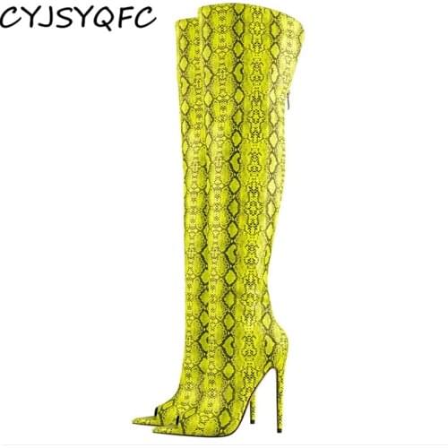 CYJSYQFC Sexy Snake Prints Women Over The Knee Boots Peep Toe Patent Leather Thin Heels Nightclub Party Lady Boots Plus Size 45