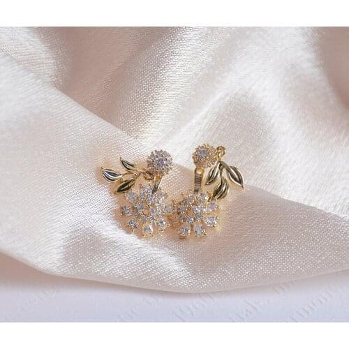 14k Real Gold Plated Fine Jewelry Micro-inlaid Zircon Full of Diamond Leaves Flower Earrings for Woman Simple Daily Earring