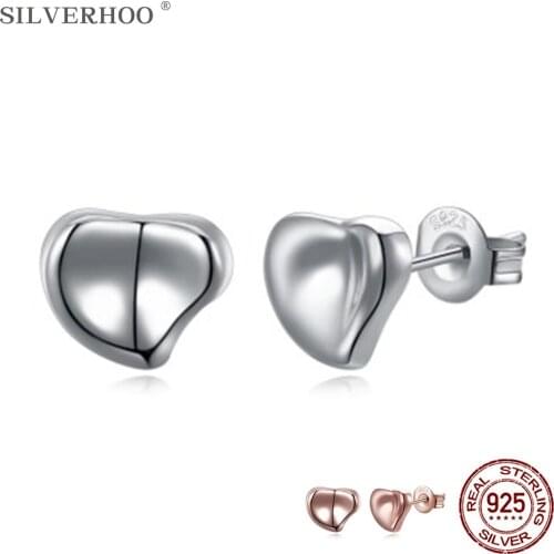 SILVERHOO Women Earrings Genuine 925 Sterling Silver Minimalist Cute Heart Small Stud Earring Romantic Anniversary Fine Jewelry