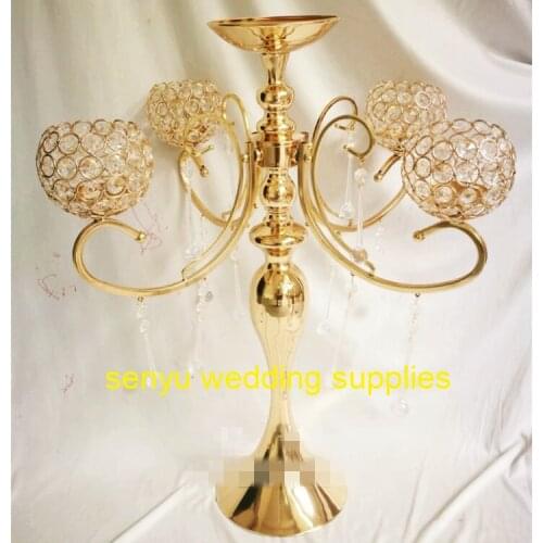 Weddings Tall Gold crystal ball Candelabra glass crystal Candle Holder Gold Metal Wedding Table Centerpiece Stands senyu0333