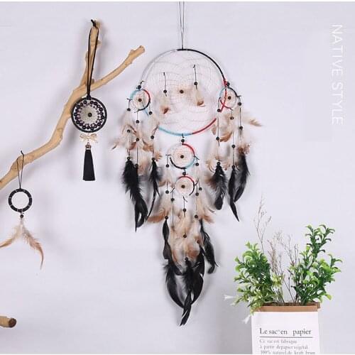 Vintage Five-Ring Wind Chimes Handmade Dream Catcher Feather Wall-Mounted Dream Catcher Craft Gift Christmas For Home Decoration