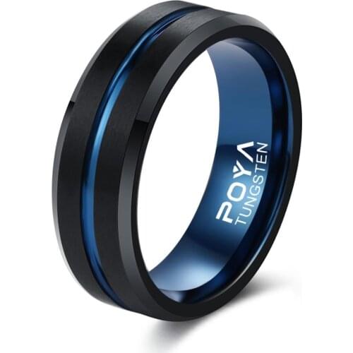 POYA Tungsten Rings for Men 8mm Black Blue Center Grooved Beveled Edges Wedding Engagement Band