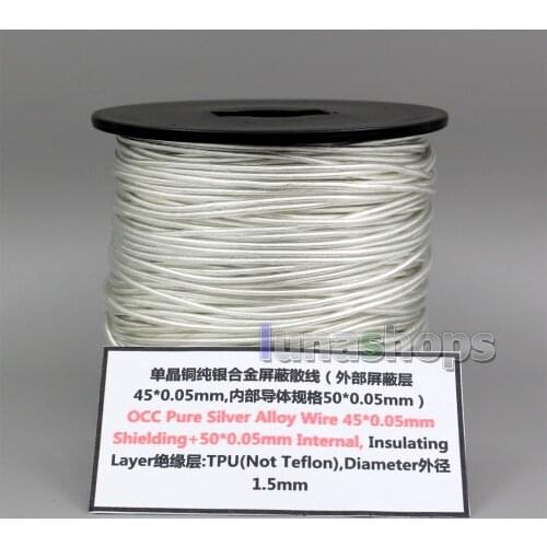 LN005932 50m Pure OCC Silver Alloy Shielding Signal 45*0.05mm Shielding+50*0.05mm TPU Wire Cable Dia:1.5mm For DIY