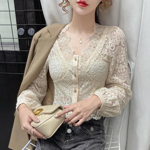 Women Tops Shirt Cropped Lace Hollow Out V-neck Ladies Long Sleeve Slim Chic Shirt