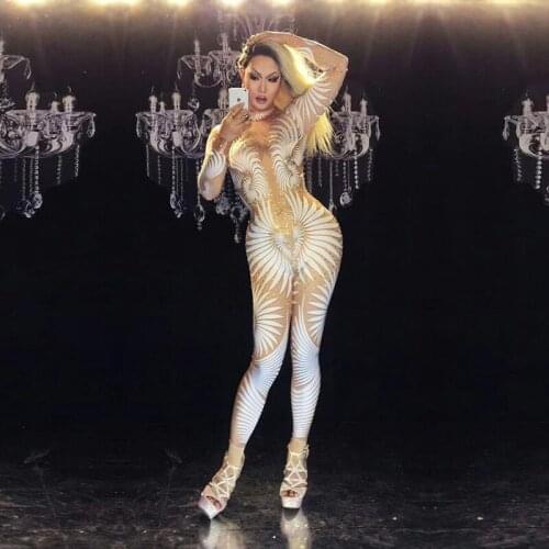 Womens clothing bar nightclub concert singer dancer nude in white print rhinestone stage costumes
