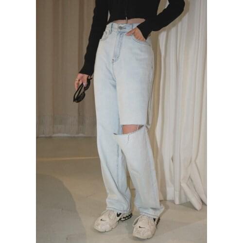 2021 New Ripped Jeans Woman High Waist Spring Vintage Streetwear Straight Long Pants Versatile Blue Baggy Femme Denim Trouser