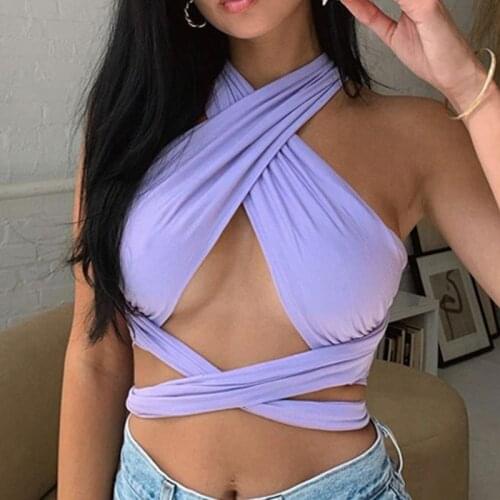 Women Summer Vest Solid Color Cross Tied Hanging-Neck Sleeveless Backless Crop Tops for Girls Purple White Apricot