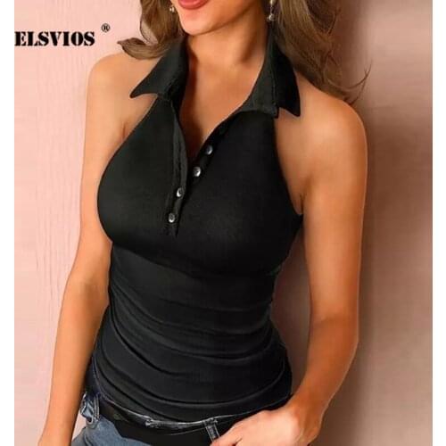 Summer Sexy Backless Ribbing Slim Bodycon Top Women Turn-down Collar Sleeveless Buttons Solid Tops Spring 2021 New Ladies Blouse