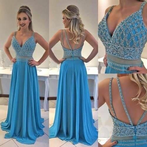 Womens Long Blue V-Neck Beaded Prom Dresses with Pockets Chiffon Robe De Soiree Sexy Back Floor Length Formal Party Dresses