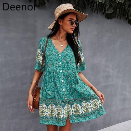 Deenor Boho Style Floral Print Dress Short Sleeve Women Mini Dress V Neck Loose Ladies Dresses Beach Sundress Ropa Mujer