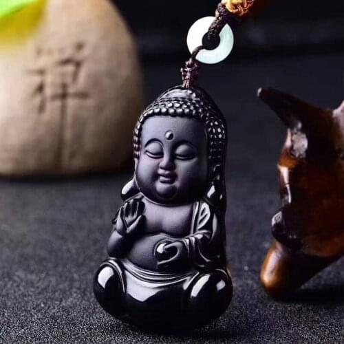 Women Necklace Pendant Black Obsidian Carved Baby Buddha Pendant Gift for Men Female Fine Jewelry Free Rope