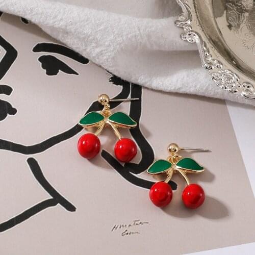 2021 New Fashion Cherry Earrings Cherry Necklace Golden Necklace Braclete Red Cherry Sets Fruit Jewelry 1 Set