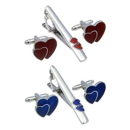 5sets/lot Coppe Plating Enamel Cufflinks Tie Clip Set Romantic Double Hearts Shape Cuff Links Tie Pin Bar Set Mens Jewelry