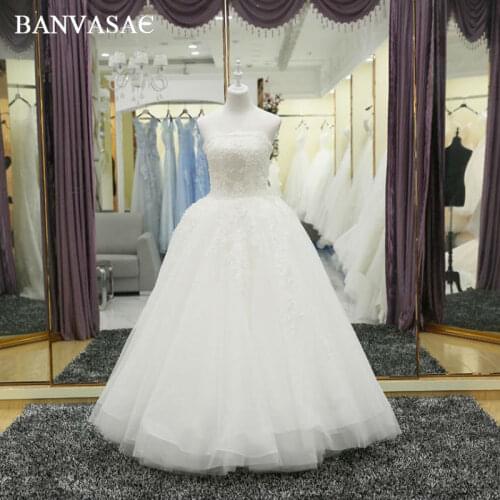 BANVASAC 2017 New Luxury Crystals Strapless Wedding Dresses Sleeveless Embroidery Satin Lace Bridal Ball Gowns