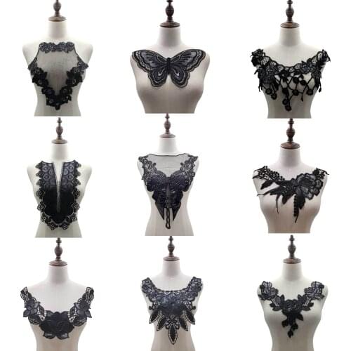 1Pc Black PU Lace Fabric Embroidery Neckline Collar Trims Sewing Applique Sewing Guipure Dress Skirts Lace Decor