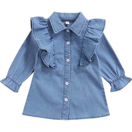Infant Baby Long Sleeve Denim Dress with Ruffle Decoration, Single Breasted Shirt Version Spring Clothing