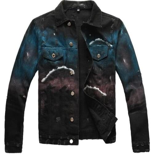 Ripped Denim Jacket Hombre High Quality Party Ripped Jacket Fashion Graffiti Print Denim Jean Jacket Streetwear Brand Men Jacket