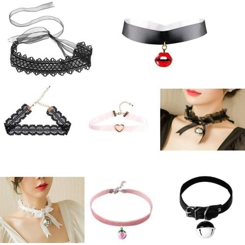 New Adjustable Lace Choker with Bell Sweet Cute Gothic Choker Necklaces Collar for Women Girls Detachable Cosplay Party Jewelry