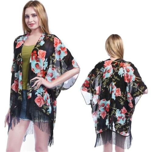 MwOiiOwM Women Blouses Kimono Cardigan Chiffon Coat Jacket Printed Tassel Fringe Shawl Fashion Chiffon Blouses S-L