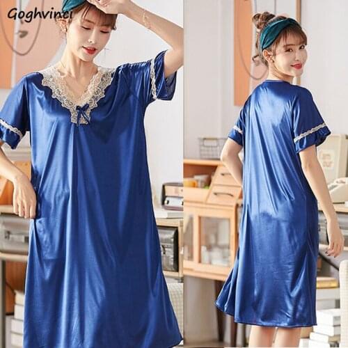 Summer Nightgowns Women Lace Patchwork Elegant Short Sleeve Loose Lady Ins Sexy Sweet Simple Ulzzang Cozy Chic Sleepwear Female