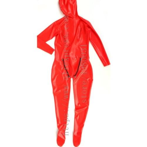 Novelty full cover bdsm latex catsuit with holes red mesh eyes latex catsuit men in Zentai with codpiece