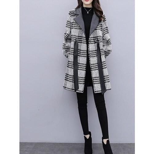 New Loose Thin Plaid Woolen Coat Female Fashion Slim Long Lantern Sleeve Women Wool Coat Stitching Long Sleeve Women Jacket