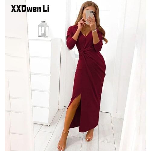 Autumn Sexy Deep V-neck Slit Maxi Dress Woman Long Sleeve Solid Corset Long Dresses For Women 2021 Wine red Bocycon Club Dress