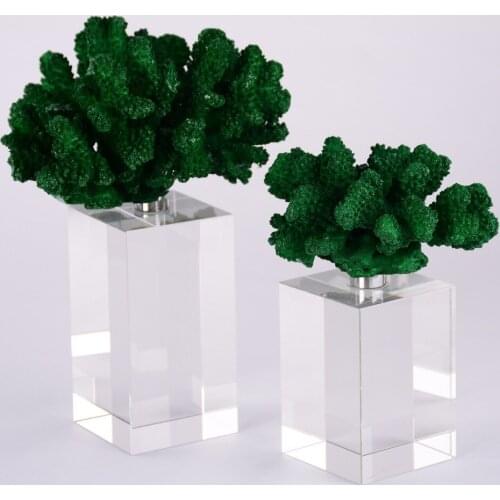 Simple Green Coral Sculpture with Crystal Bases Tabletop Home Decorative Modern Crystal Crafts Decor Home Decoration Accessories