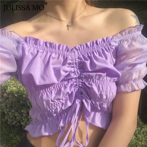 Julissa MO Summer Ruffles Drawstring Sexy Women Crop Top 2021 Fashion Puff Sleeve E-girl T-shirts White Off Shoulder Tops Female