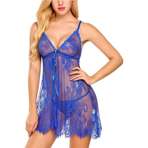 Plus Size Sexy Lingerie Night Dress V-neck Lace Womens Nightie Sexy Transparent Mesh Underwear Erotic Backless Sleepwear Porno
