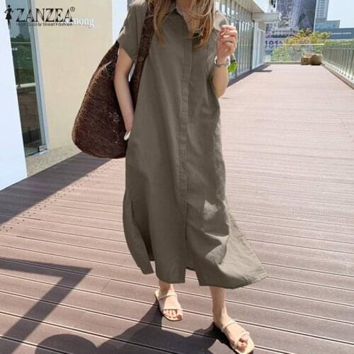 Vintage Solid Shirt Dress ZANZEA Women Summer Sundress Casual Short Sleeve Mid-Calf Vestdos Lapel Button Robe Femme Oversized 7