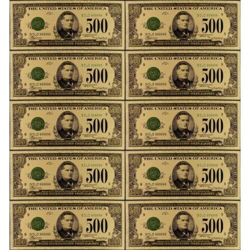 10pcs/lot 24k Gold Foil Plated 1918 500 Dollar Bank Notes In Colors, Gold Banknotes Paper Money Wedding Return Gift