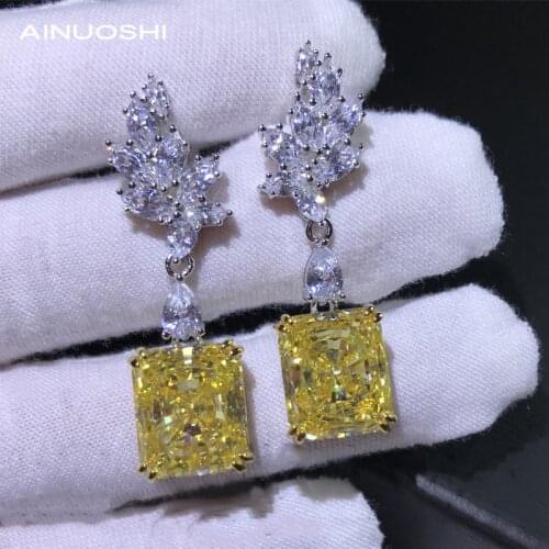 AINUOSHI 11x13mm Radiant Cut Lad Yellow Created Diamond 925 Sterling Silver Drop Earrings For Women Birthday Party Jewelry Gift