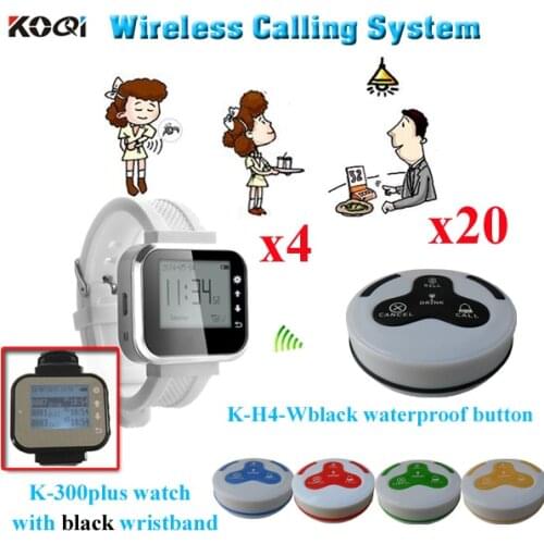 Wireless Service Call Button System Pager K-300plus Watch And 4-key Button K-H4 (4pcs watch pager + 20pcs call bell )