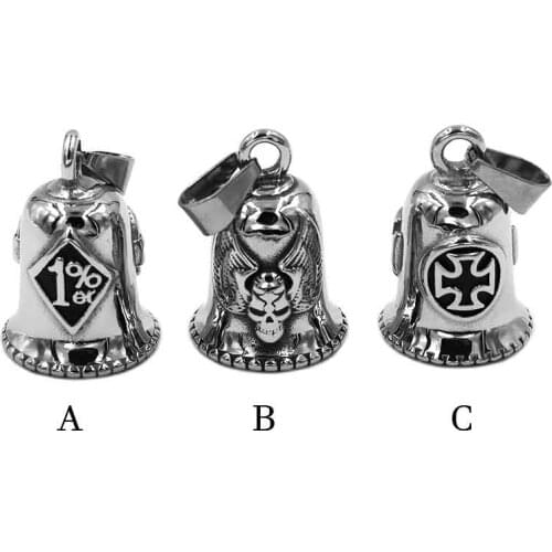 Skull Biker One Percent 1% er Bell Pendant Stainless Steel Lucky 13 Wings Cross Pendant P0506A (Has steel ball, no bell sound)