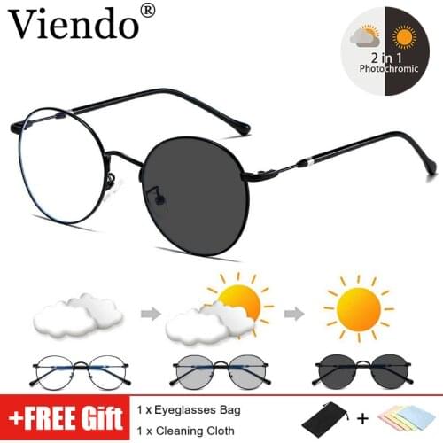 Photochromic Anti Blue Ray Glasses Women Men Round Blue Light Blocking Computer Glasses Auto Color Changing UV400 Sunglasses