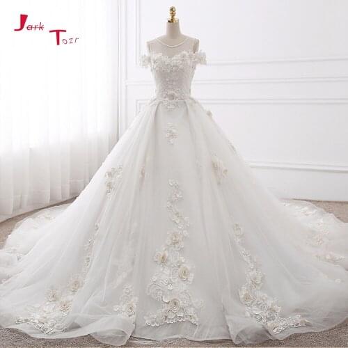 Jark Tozr New Arrive Short Sleeve Open Back Beading Pearls Appliques Flowers Floral Ball Gown Wedding Dresses Robe Mariage