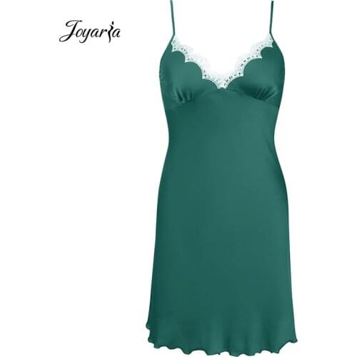 Joyaria Sexy Lace Night Dress Womens Satin Nightgown Nightdress Deep V-Neck Sleepwear Sleeveless Sling Nightwear Summer Homewear