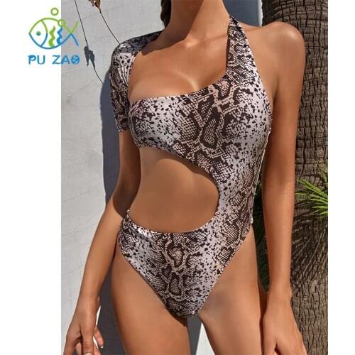 Navel Swimsuit Snake Print One-shoulder Swimwear Leopard Bodysuit Beach Push-up High Waist Halter Women One-piece Thong Bikini