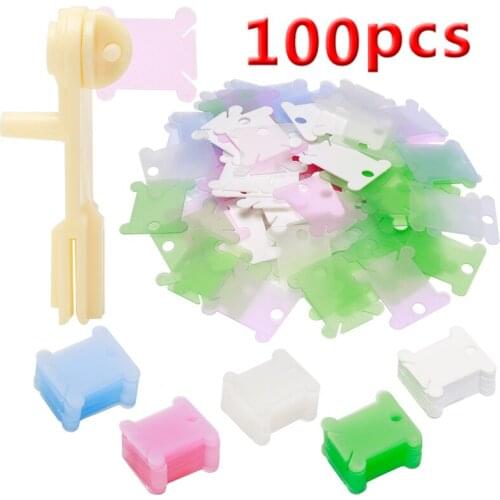 LMDZ 100 Pcs Random Color Plastic Floss Bobbins with 1 Pcs Bobbin Winder, Floss Bobbins Set for Craft DIY Embroidery Floss
