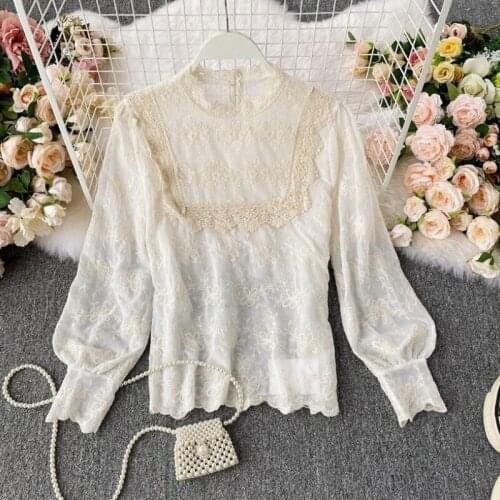 Sweet Womens Lace Shirt Spring Puff Long Sleeve Perspective Blouse Tops Camisa Feminina Flowers Embroidery Shirts Clothes Tees